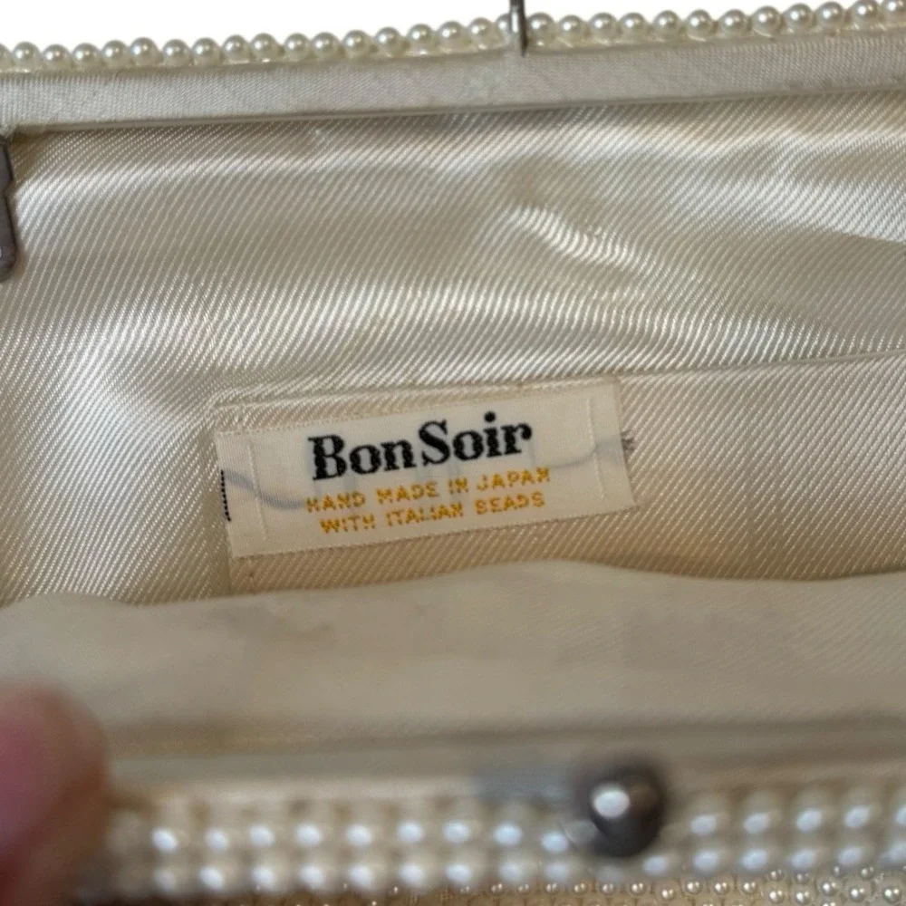 Vintage 1960 Bon Soir‎ Italian Pearl Cream Clutch Purse Beads Silk Wedding B72Q